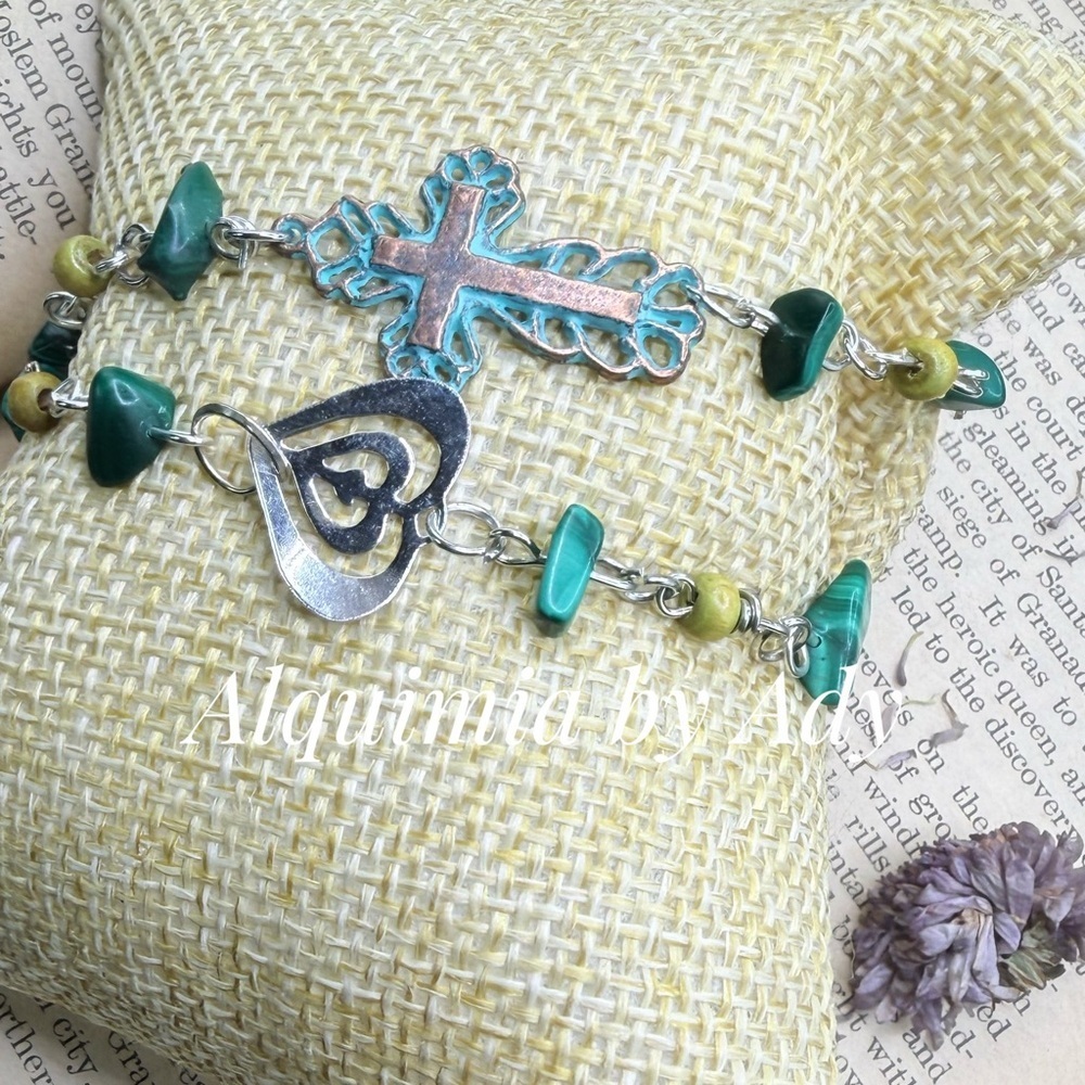 DUO BOHO  gemstones Green +  SILVER  BRONZE  Bracelet